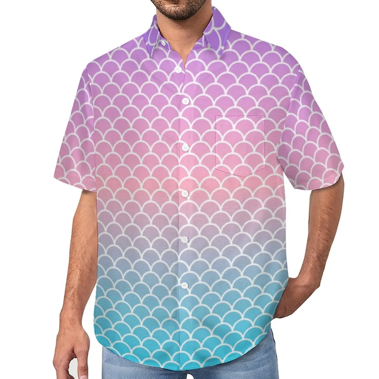 

Ombre Mermaid Scales Loose Shirt Male Beach Blue Purple Casual Shirts Summer Graphic Short Sleeve Fashion Oversize Blouses