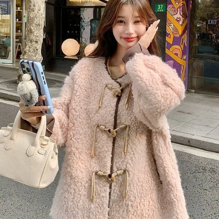 Korejpaa Розовое пальто с мехом ягненка Женская осенне-зимняя одежда Корейская мода