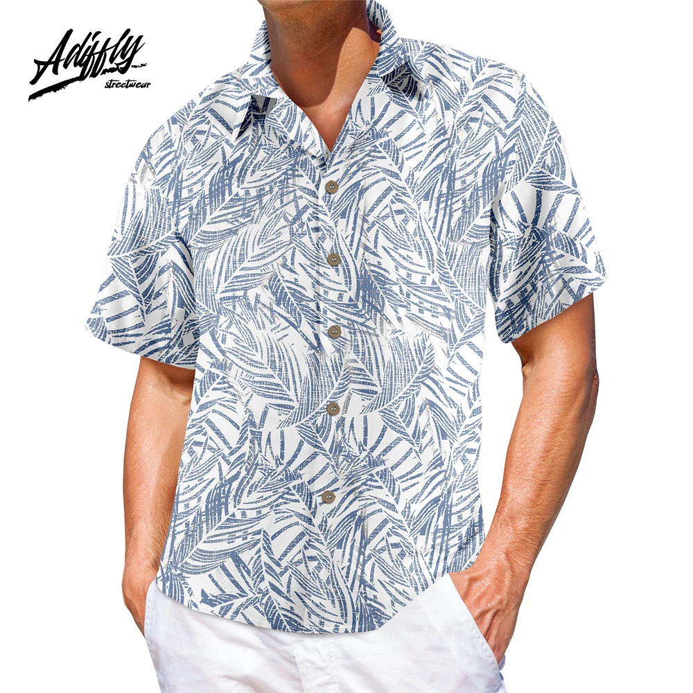 

Повседневная рубашка Adiffly с рисунком фламинго, тропические растения, 3D модный Гавайский Топ с воротником-стойкой и коротким рукавом для муж...