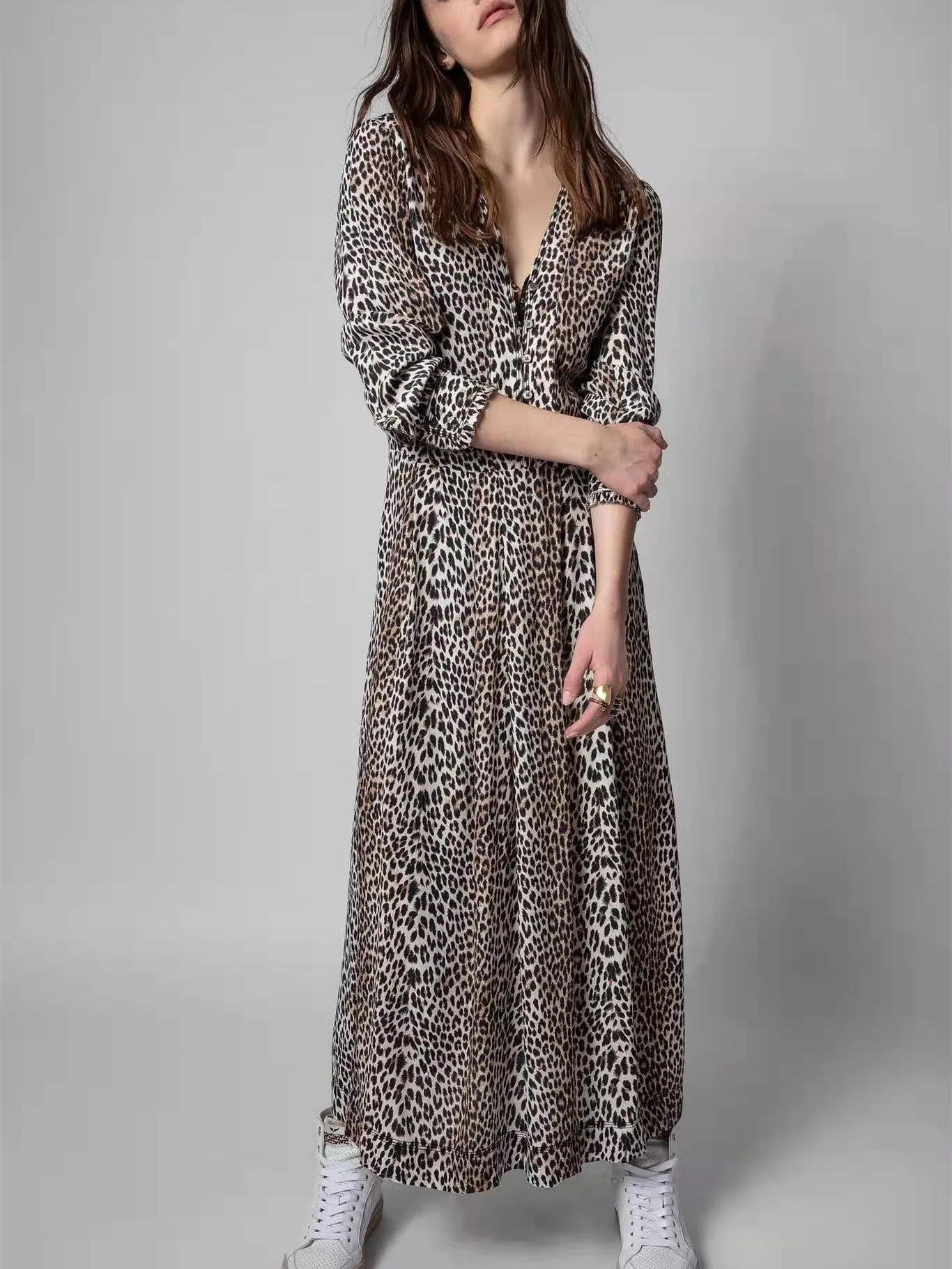 Leopard Printed Long Dress Women Slit Vintage Spring Summer Long Sleeve 2022 New Female Robes with Buttons