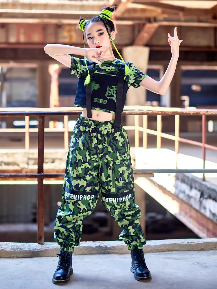 

Kids Jazz Costume Girls Hip Hop Dance Outfit Camouflage Short Sleeves Street Dance Clothes Concert Stage Show Rave Wear BL8208