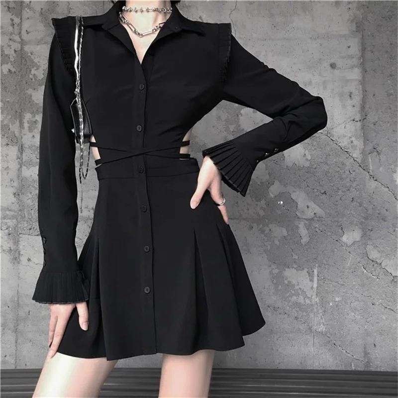 

Женское платье-рубашка с длинным рукавом, черное ажурное платье в французском стиле Хепберн с вырезами на талии, одежда для осени
