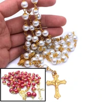handmade virgin mary catholic jesus christ religious jewelry ladies glass pearl long chain rosary necklace