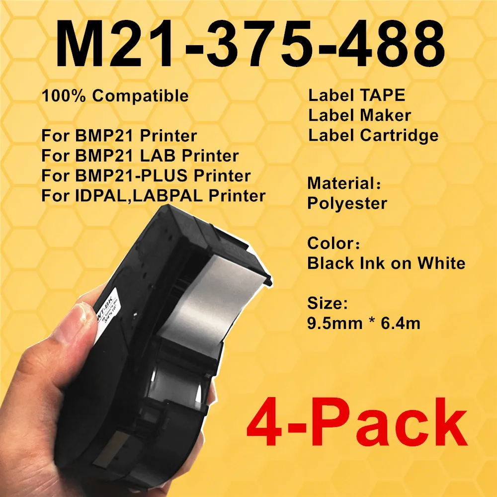 

1~4PK M21-375-488 Label Cartridge Ribbon Black on White Polyester Replacement Maker Use For BMP21-PLUS IDPAL LABPAL Printer