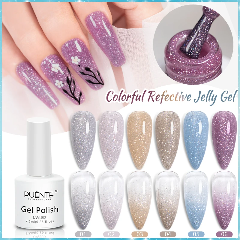 

Цветной светоотражающий желеобразный Гель-лак PUENTE для ногтей 6 цветов Блестящий бриллиантовый УФ-гель для ногтей маникюр отмачиваемый Полу...
