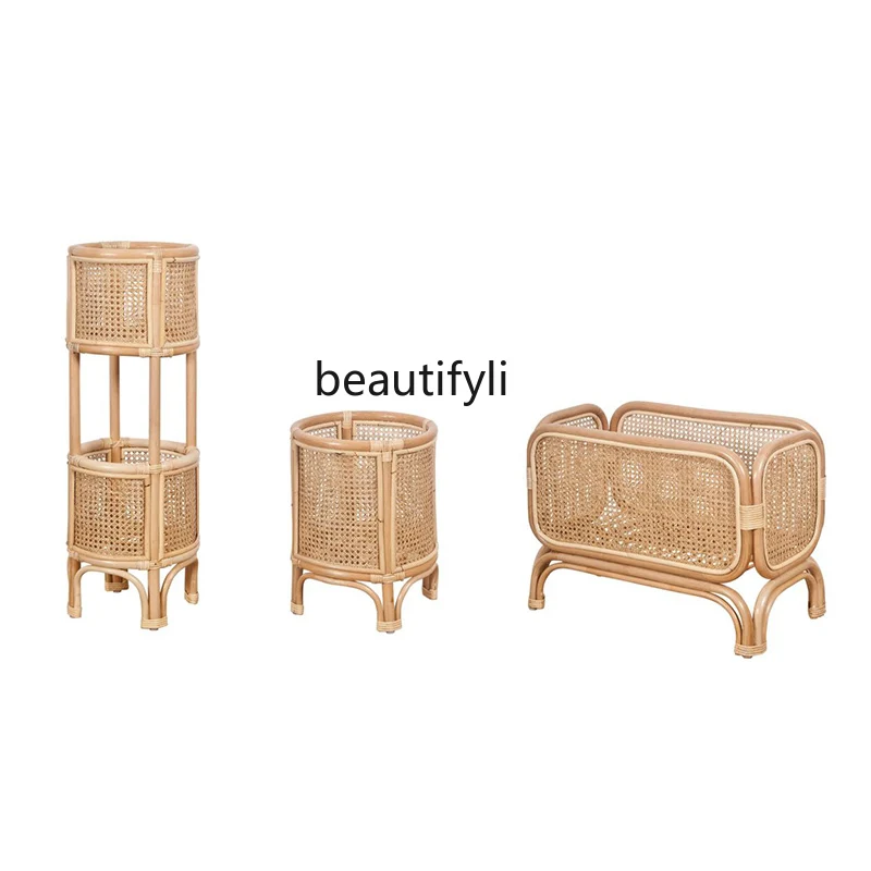 

zqNordic Rattan Flower Rack Floor Storage Rack Bed & Breakfast Indoor Flower Pot Living Room Decoration Flower Basket