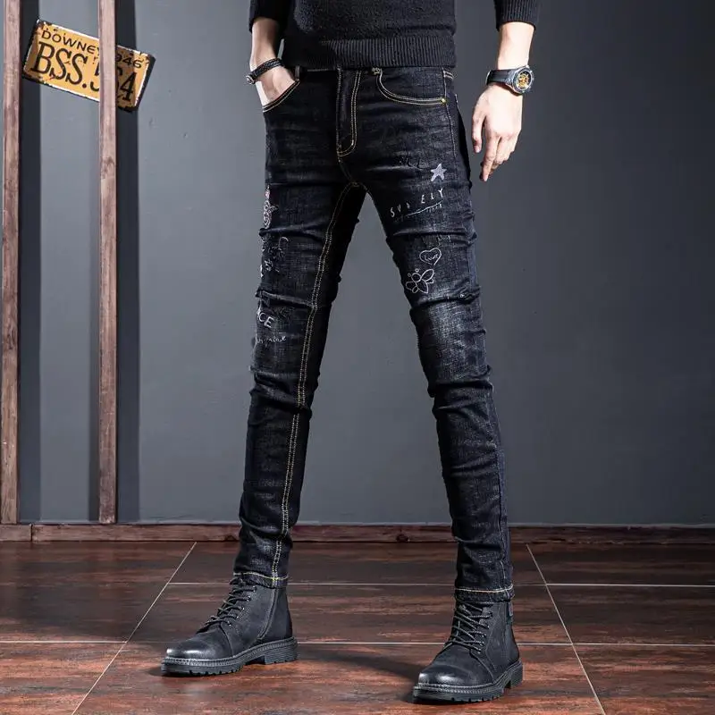 

High Quality Men's Fashion Embroidery Denim Pants Washed Decoration Scratches Casual Jeans Classic Slim-fit Black Long Trousers;