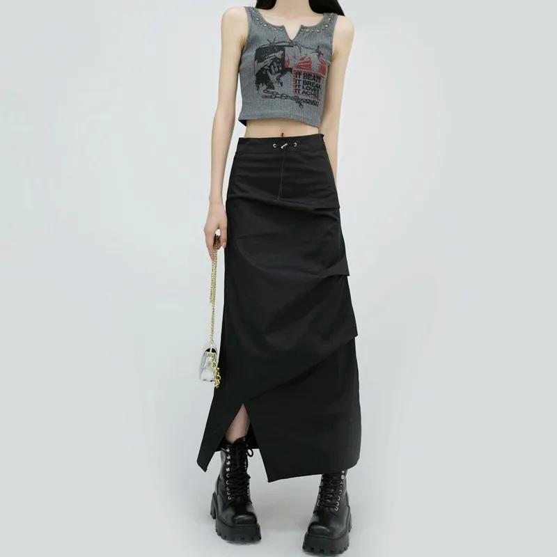 

GUUZYUVIZ Платье с разветвленной прямой кромкой, сложенное с высокой талией, подходит для женской моды 2023 Y2k Spice Girls Черный шнур Athflow Jupe Femme