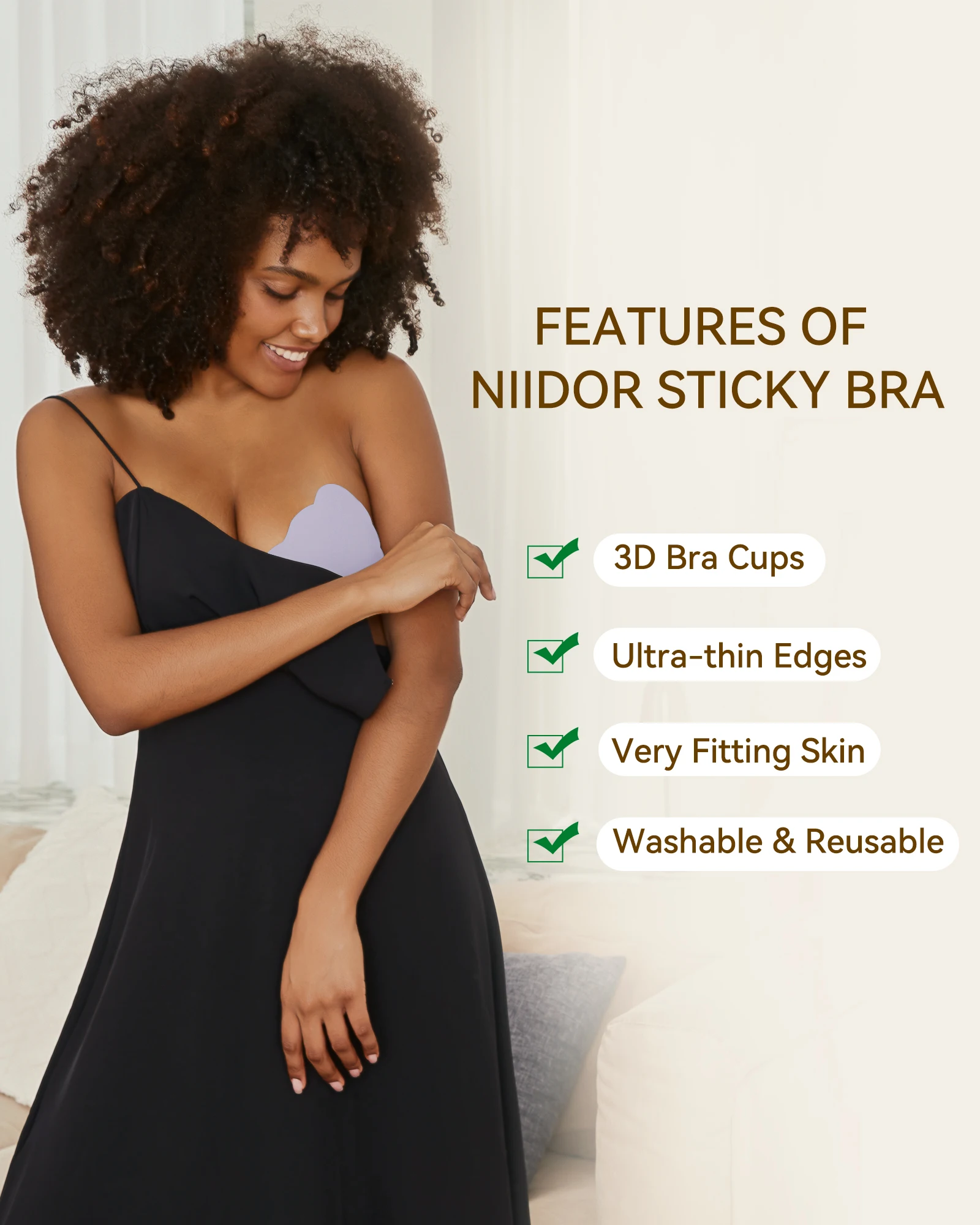 Niidor Sticky Bras Invisible Adhesive Push Up Reusable Strapless Bras for Women Backless Dress with Nipple Covers Wavy Pattern
