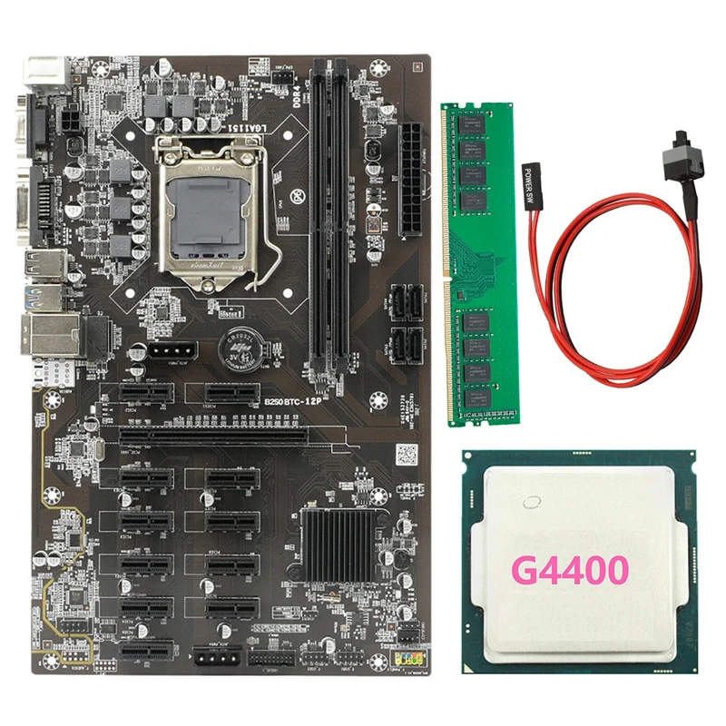 

BTC B250 Mining Motherboard Supports 12 GPU LGA1151 +G4400 CPU+DDR4 4G 2666MHZ Memory + Switch Line