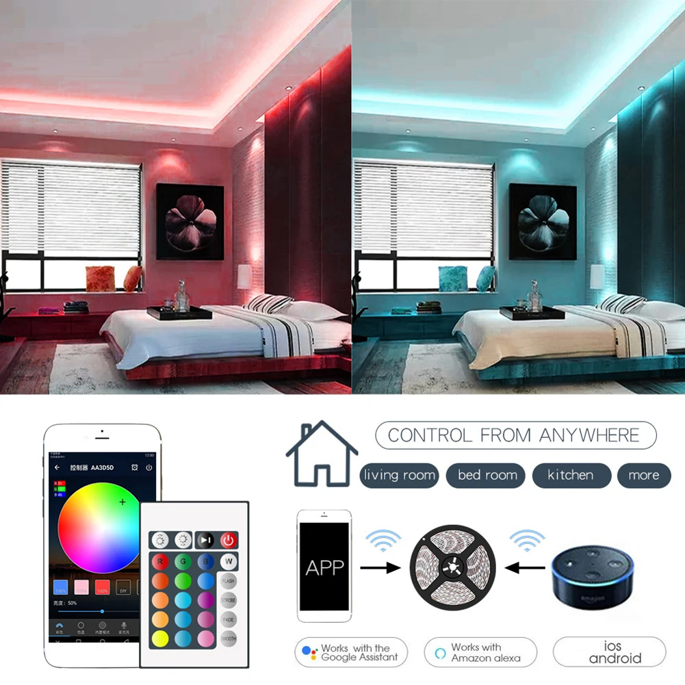 

Светодиодная лента с Wi-Fi управлением, гибкий RGB диодный светильник с дистанционным управлением, декоративная сказосветильник лампа для сва...
