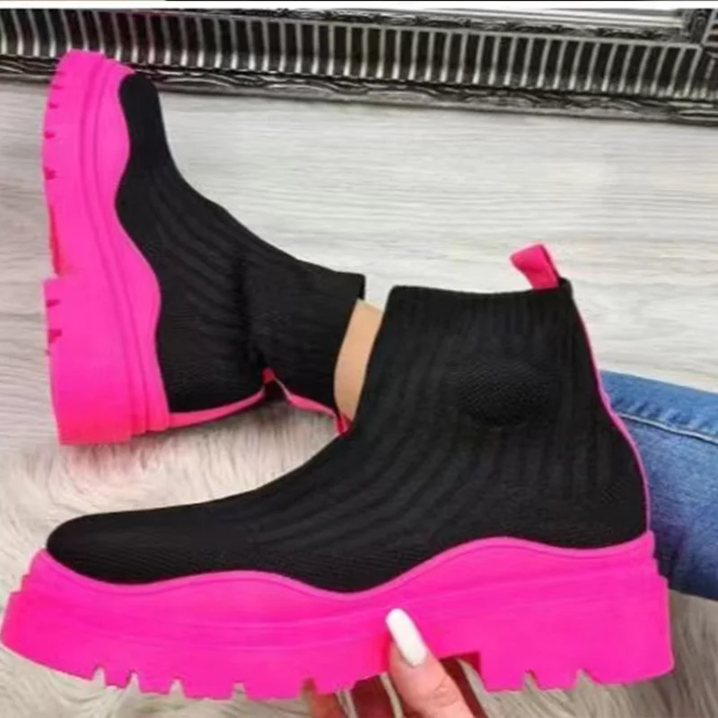 

Women Platform Shoes Plus Size Fashion Short Boots Hollow Out Breathable High-top Socks Shoes Lightwear Slip on Woman Warm Boots