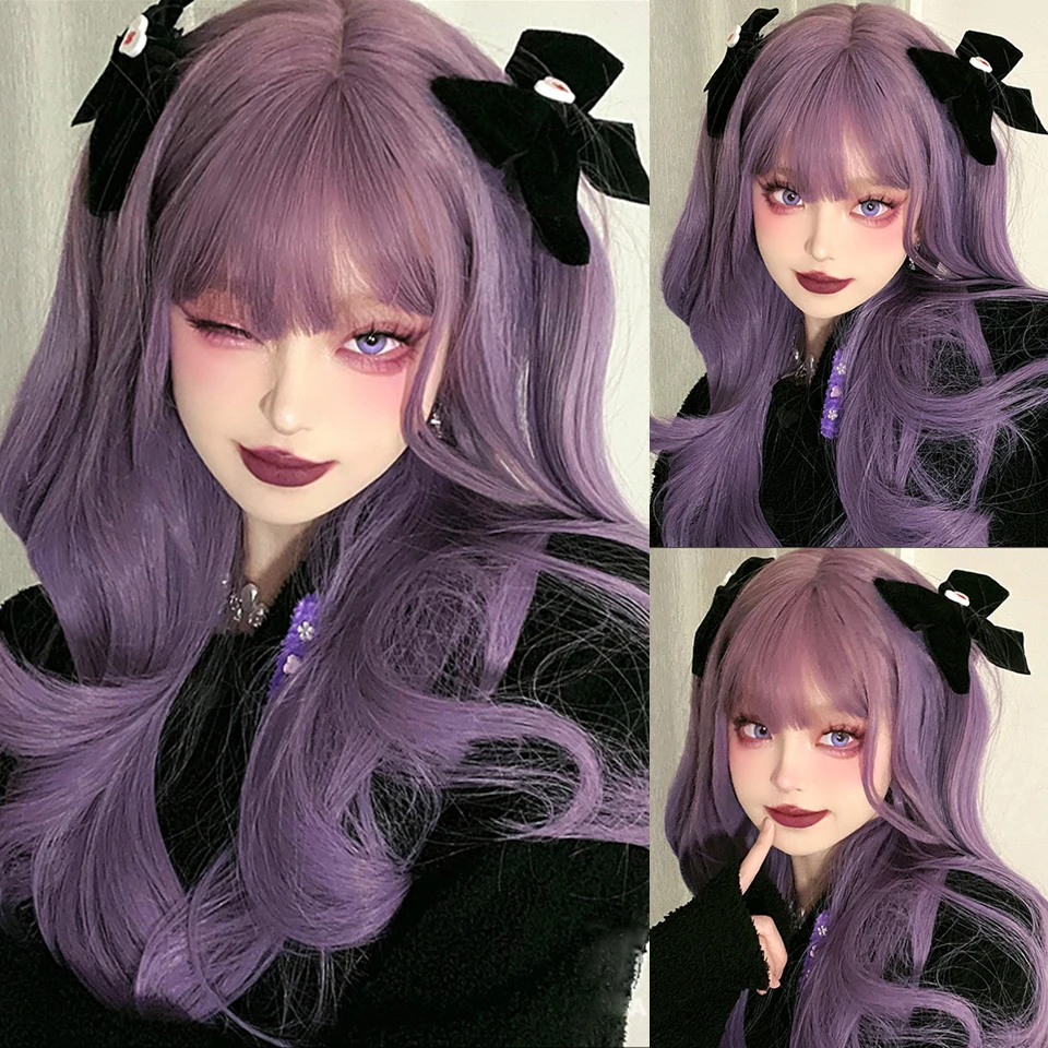 

LM Long Wavy Ombre Pink Purple Synthetic Wigs for Women Heat Resistant Natural With Bang Cosplay Party Lolita Hair Wigs