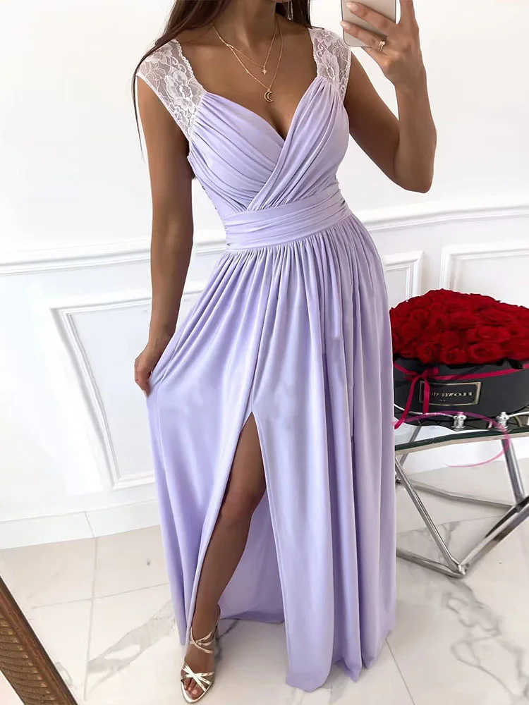 

Lady Sexy V-neck Side Slit Club Long Dress Casual Solid Sleeveless Office Dress Fashion Lace Backless Sling Waist Pleated Dress
