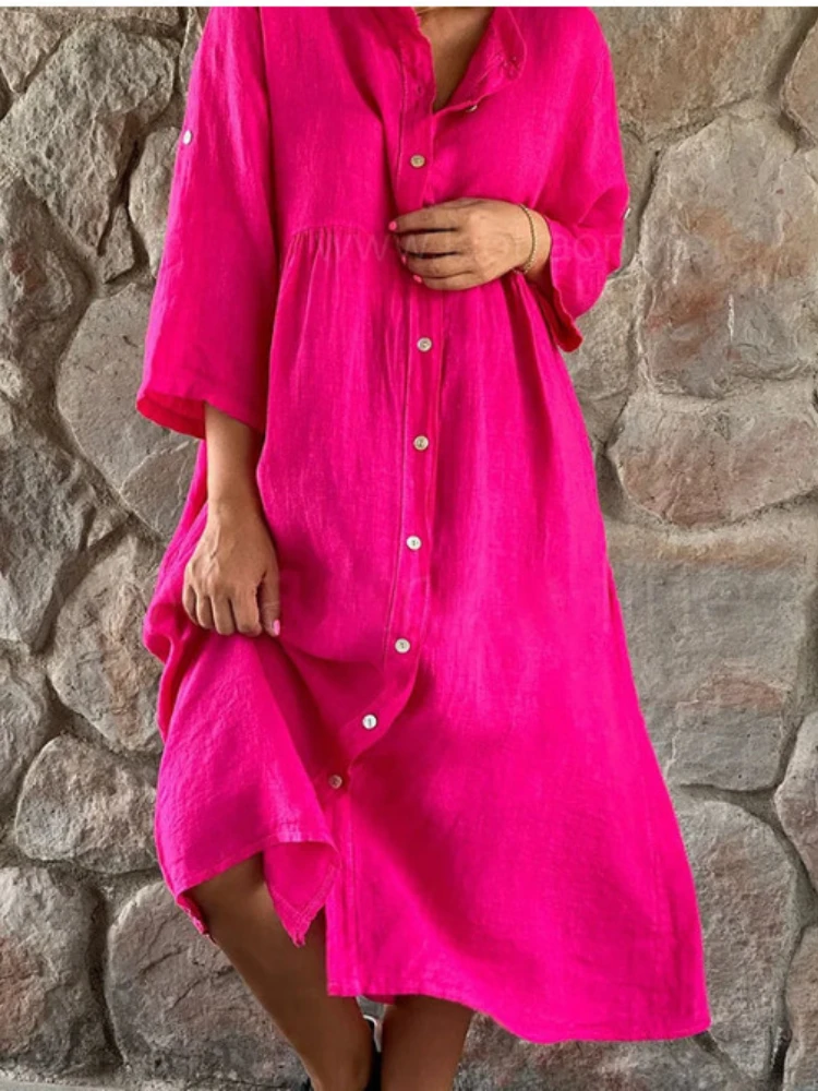 Женское длинное платье из хлопка и конопли, однотонное Повседневное платье большого размера на пуговицах, Осень-зима 2023