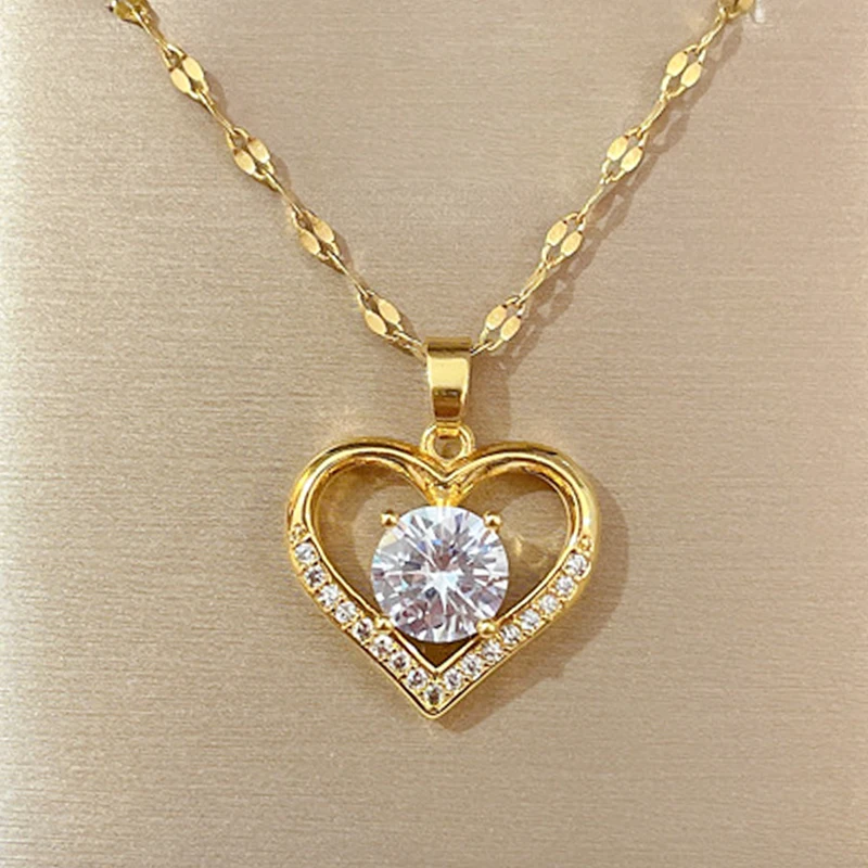 

Artificial Gems Not Fade Color Heart Pendant Neck Chain for Women Gold Titanium Steel Necklaces Jewelry Gift for Girl