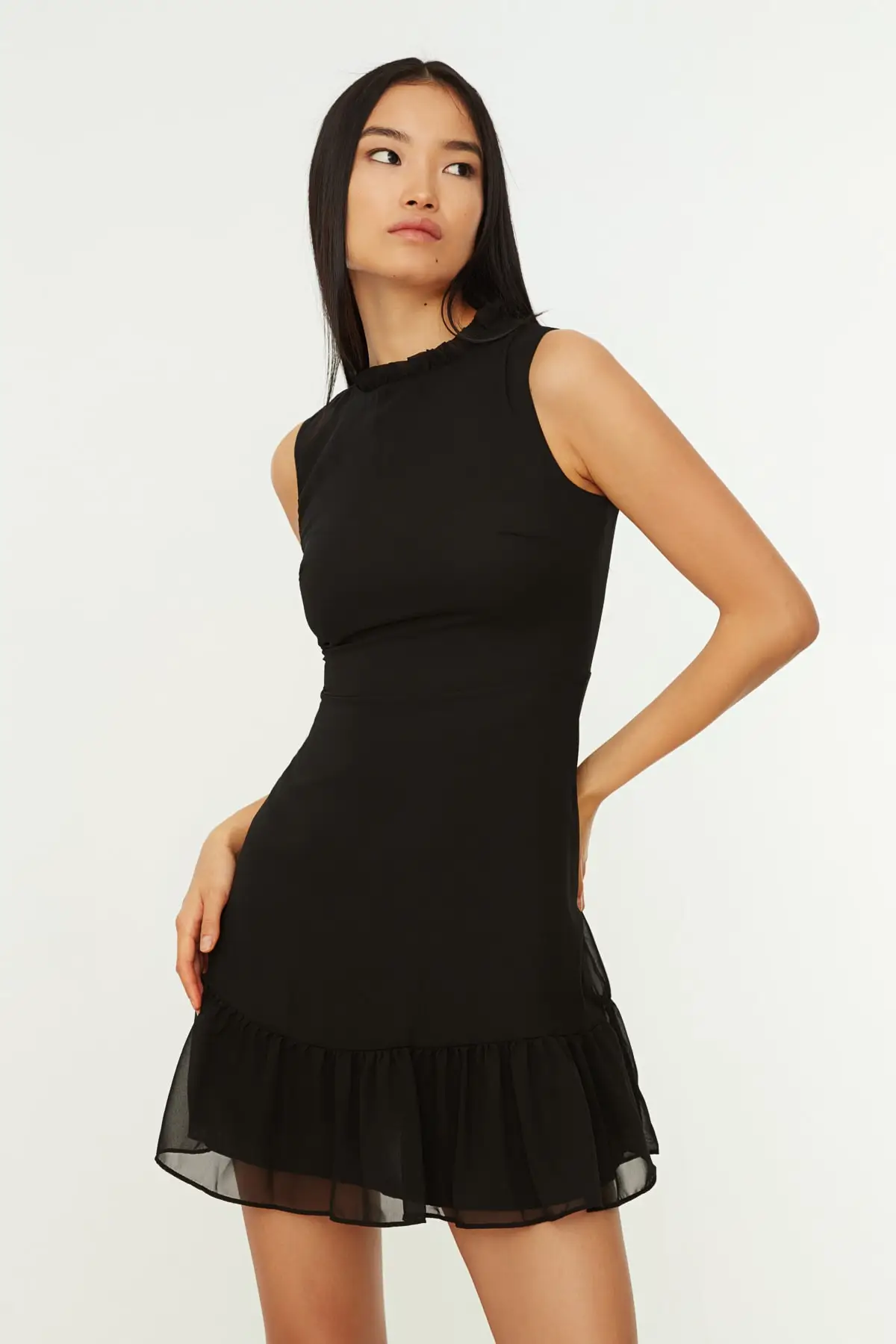 

Black Frilly Dress TWOSS20EL0237 Chiffon Zero Sleeve Smart/Office Laced Regular Soak Neck Mini Woven Standard Plain