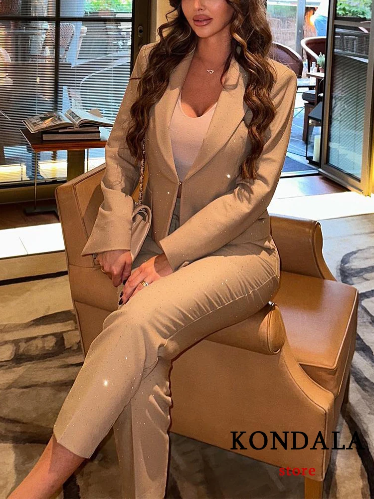 

KONDALA винтажный Однотонный женский костюм с V-образным вырезом с одной пуговицей карманами Блейзер прямые брюки на молнии Мода 2023 осенние офисные женские комплекты