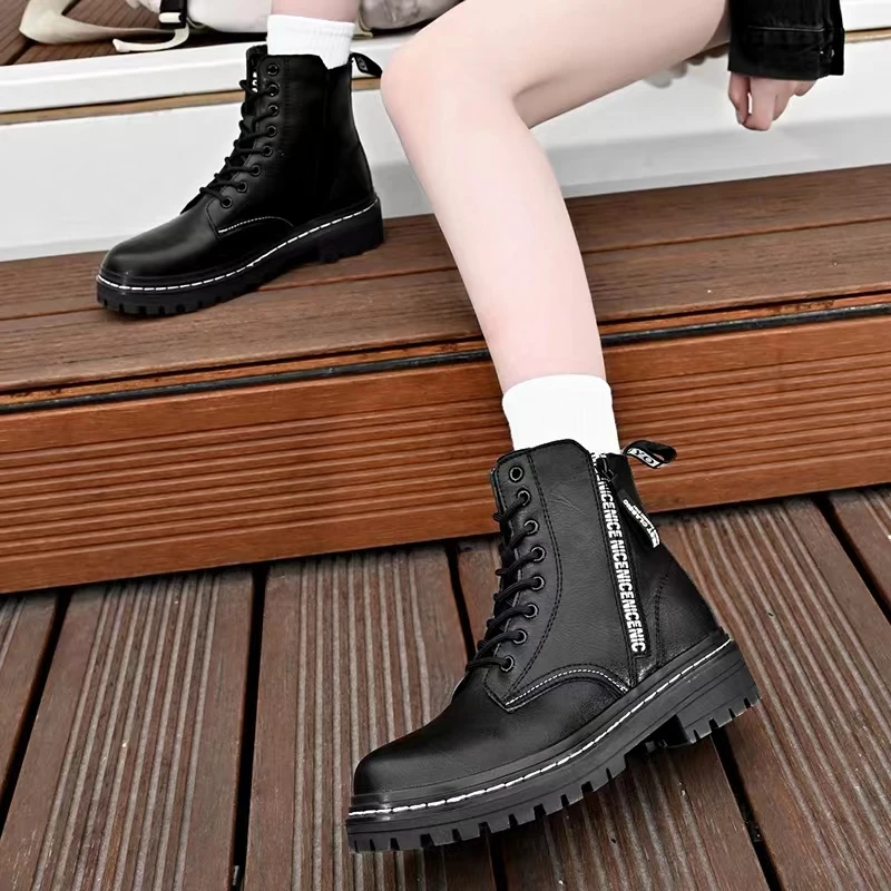 Women's Ladies Genuine Leather Female Shoes Ankle Boots Platform Lace Up Martin-Boots Winter Fur Plush Motorcycle