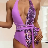 deep v neck long bandage padded sexy monokini women snakeskin patchwork print beach swimsuit for water activity