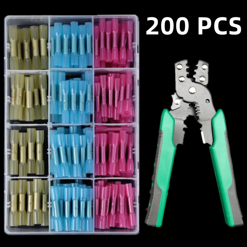 

200 PCS Boxed,Solder Ring Terminal+Pliers,Wire Connector,Crimp Solder Butt Thermoresistant Tube,Heat Shrink Sleeve,Insulation