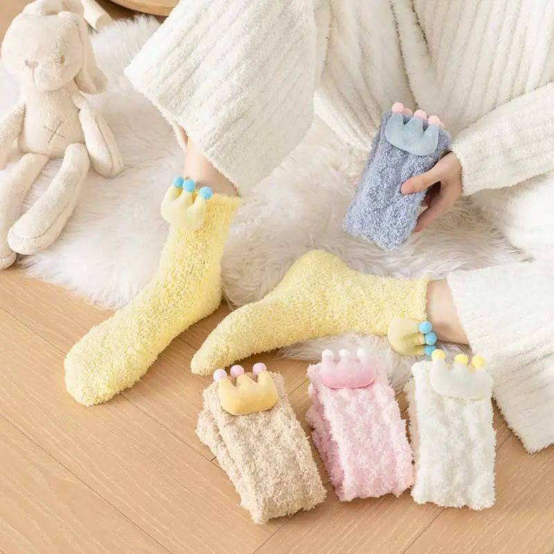 Женские Бархатные Носки Кораллового Цвета Толстые Теплые Противоскользящие