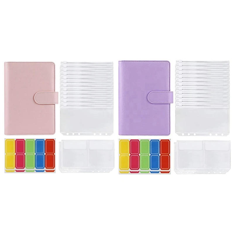 

2 Set 14 Binder Bags A6 With Leather Binder Cover, 6 Rings Budget Binder With Cash Envelope, Binder, Pink & Purple