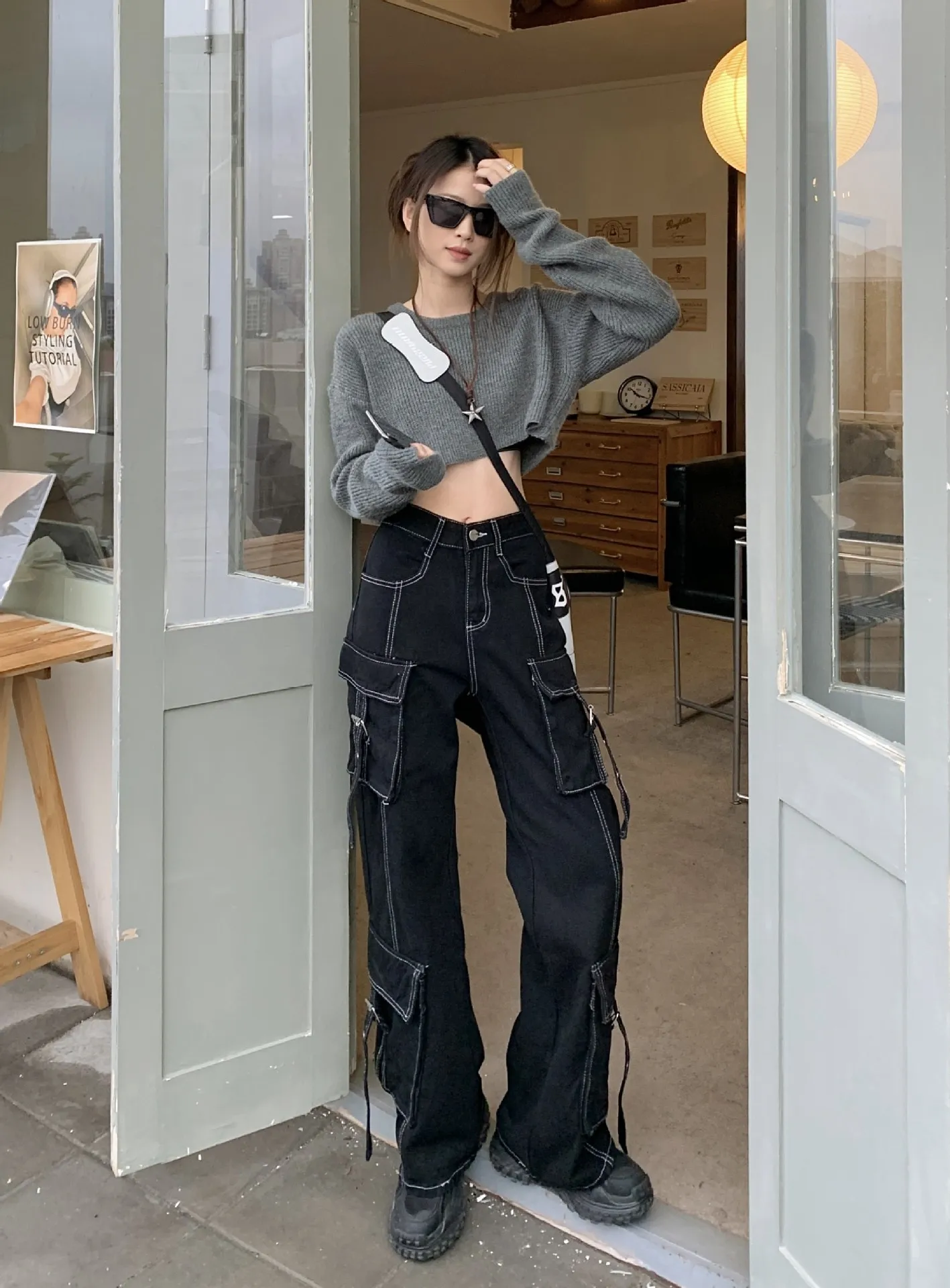 Workwear Jeans Women Multi Pocket Loose Straight Leg Casual Wide Leg Pants American Retro