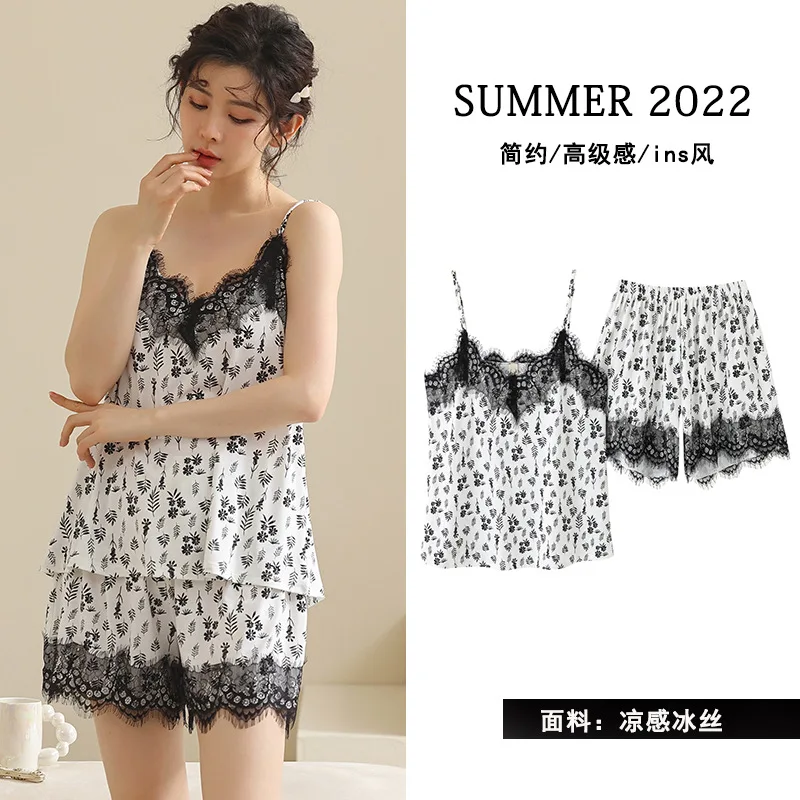 Retro 2pcs Pajama Set Women Printed Sleeveless Sexy V-neck Lace Sling Top Shorts Home Wear Two Piece Set Summer Woman Sleepwear