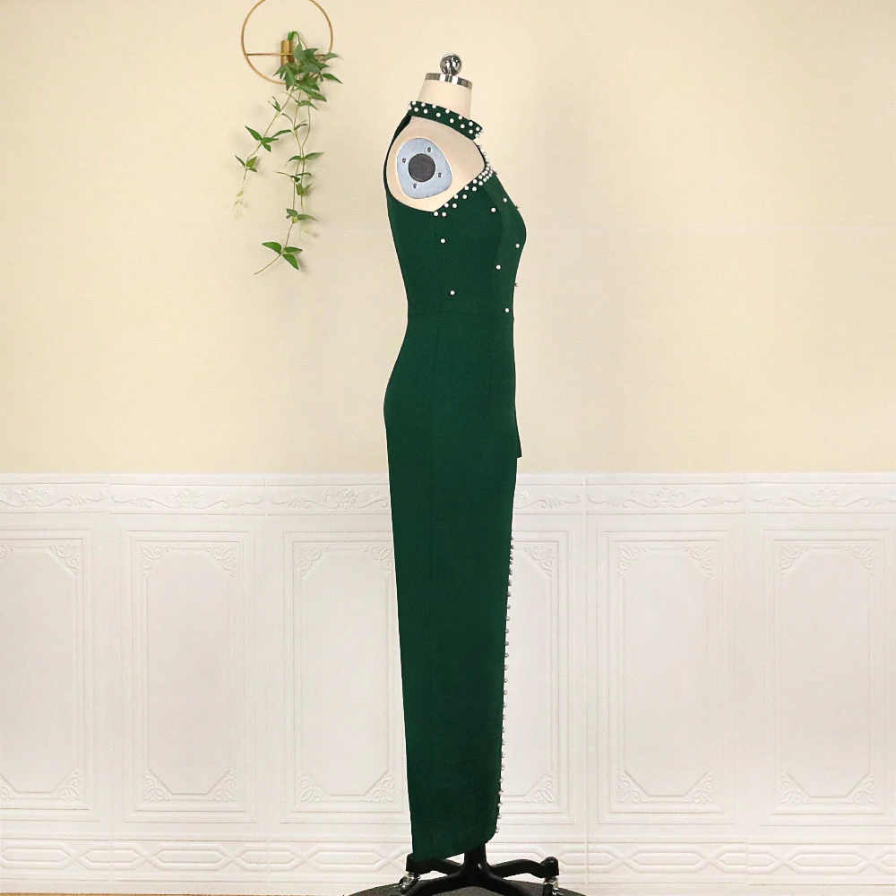 Plus Size Dress Elegant Long Women Sexy One Shoulder Irregular Sleeve Green Beading Bodycon Slit Evening Party Event Outfits