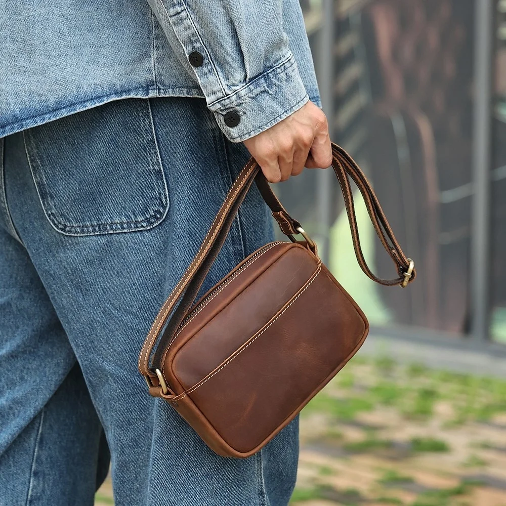 Genuine Leather Mini Messenger Bag Travel Crossbody Bag for Women Men Cell Phone Purse Trave Satchel Shoulder Bags images - 5