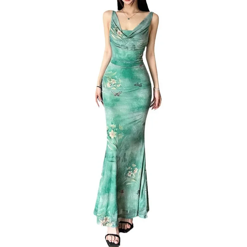 Лето 2023 новое свежее мятно-зеленое сетчатое платье с воротником-стойкой и