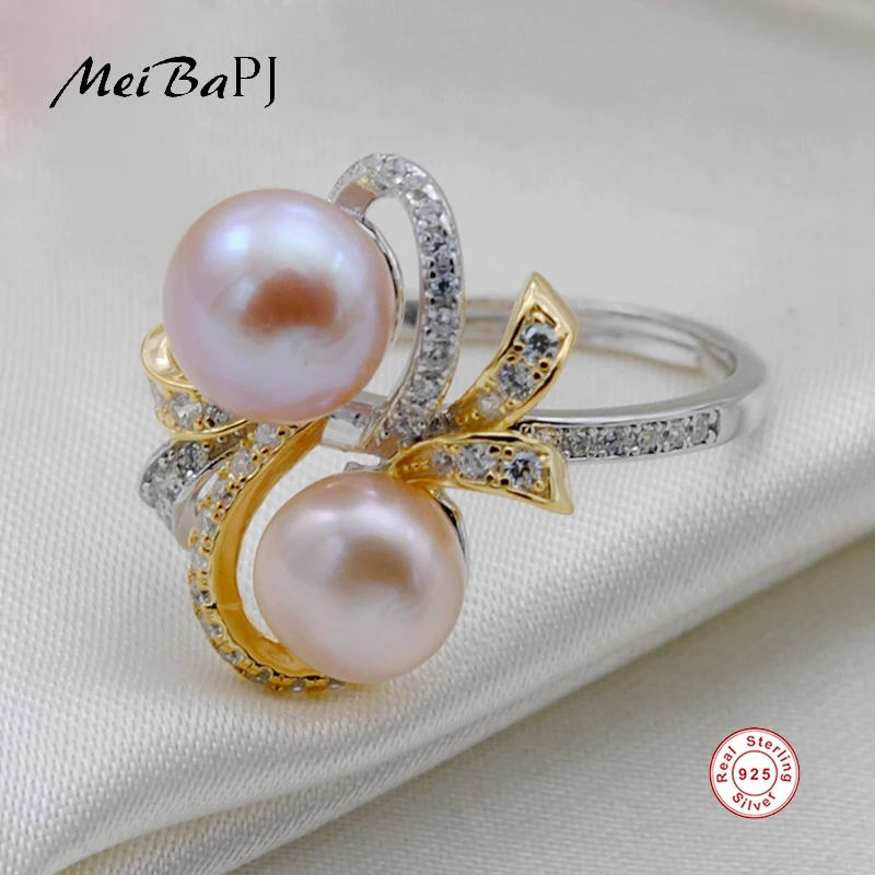 

[MeiBaPJ] Fashion 925 Sterling Silver Ring Natural Freshwater Pearl Personality Ring for Women Fine Jewelry