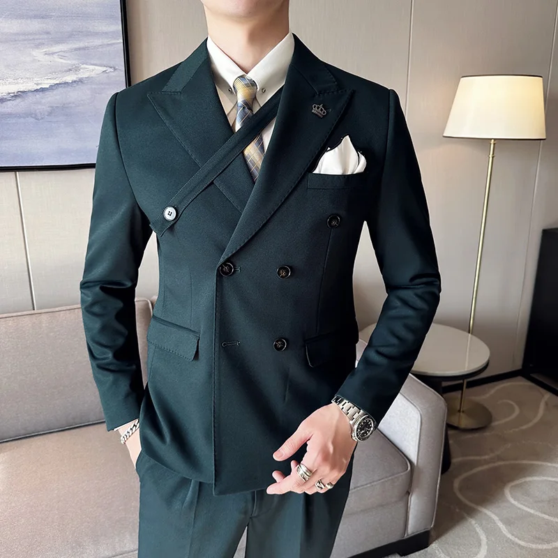 

Мужской двубортный пиджак, приталенный однотонный повседневный костюм в британском и корейском стиле, весна 2023