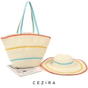 CEZIRA Women Natural Straw Shoulder Handbag Handmade Woven Holiday Vacation Casual Colorful Stripes Beach Bag Wide Hat Set