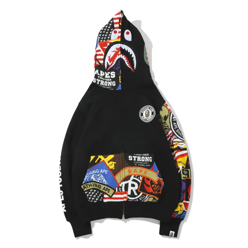 

Bape Shark Color Graffiti Print Hip-hop Stitching Hoodie Men And Women Cardigan Sweater Jacket