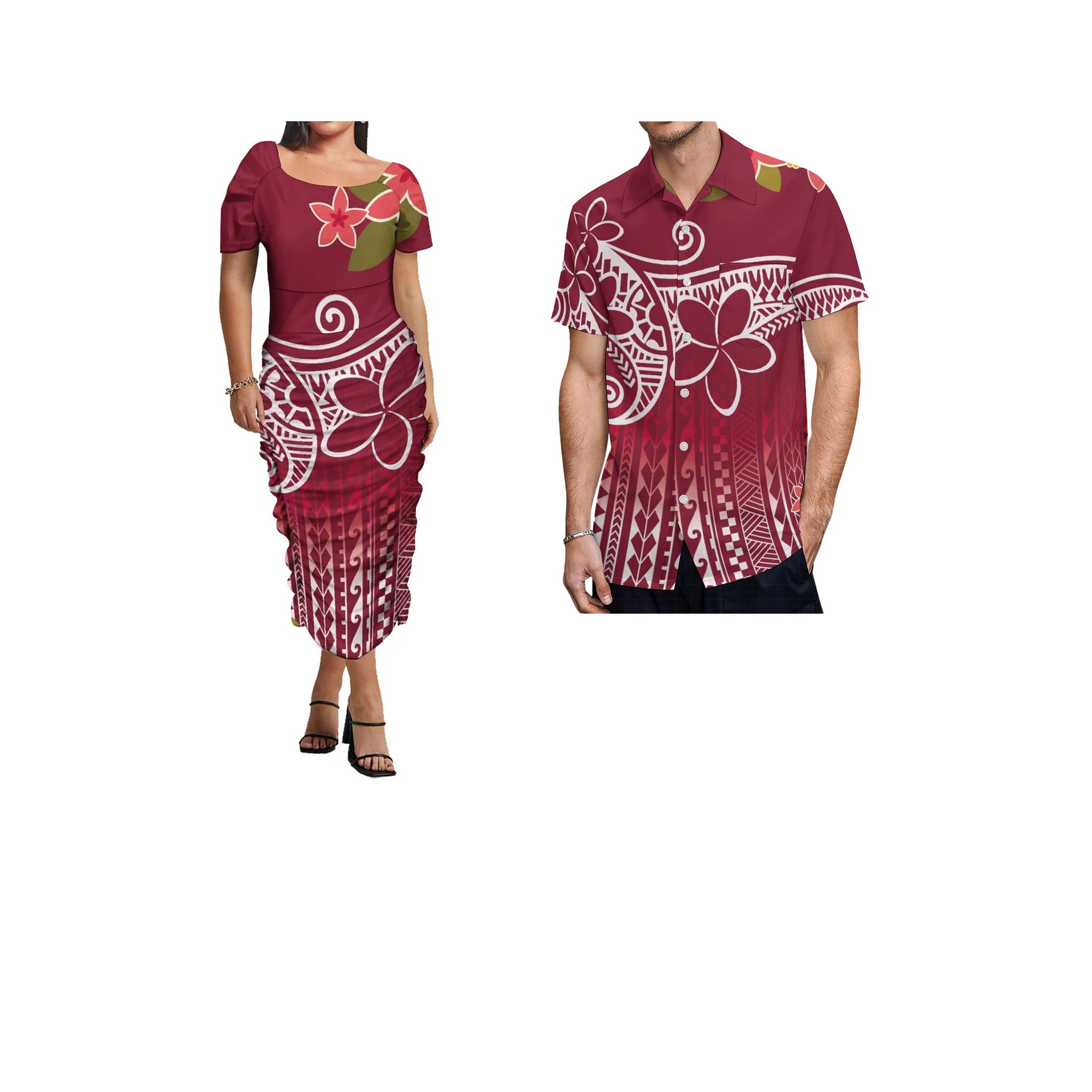 

Модные Повседневные пользовательские полинезийские традиционные платья Самоа Puletasi, платье с складками, мужские наборы рубашек для пар