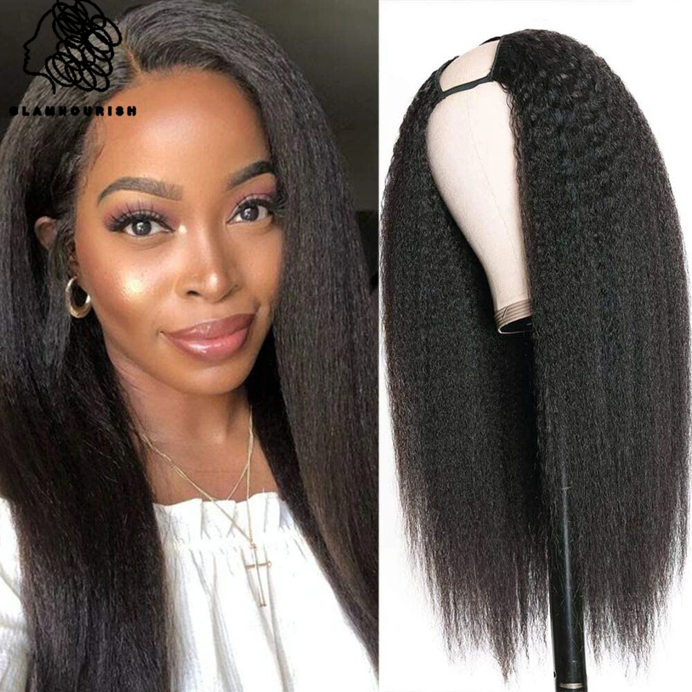 

U Part Wigs Yaki Kinky Straight Human Hair for Women Brazilian Remy Glueless Human Hair 150% Density Right / Left Side Part Wigs