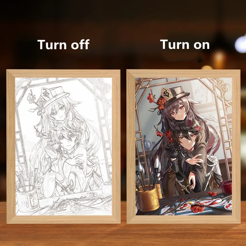 Genshin Impact Рисунок Светодиодная картина с рамкой Furina Hu Tao Wanderer Аниме Плакат