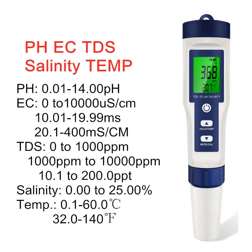 5 In 1 Digital PH TDS EC Meter Salinity Temperature Tester Conductivity Water Filter Purity Pen with backlight 50%off