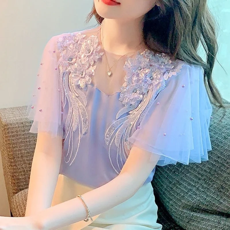 

Luxury 3D Flowers Embroidery Sequined Ruffles Mesh Blouses OL Pearls Chiffon Shirts Gauze Beaded Tees Crop Tops Butterfly Blusas