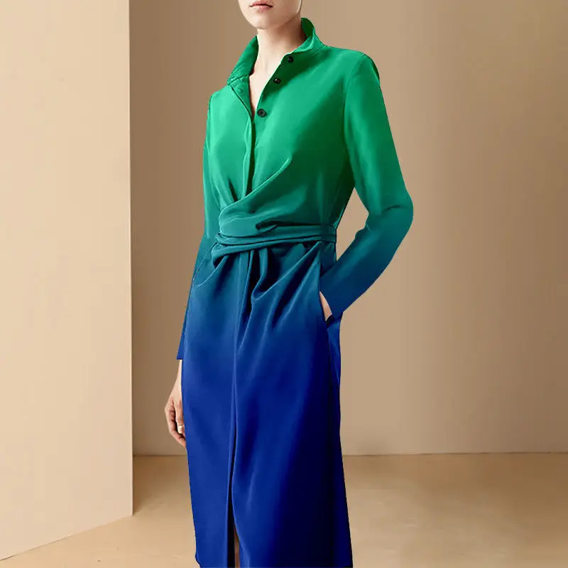 

Spring and Autumn dress 2022 French temperament long -sleeved long -sleeved long dress female popular blue -green shirt skirt
