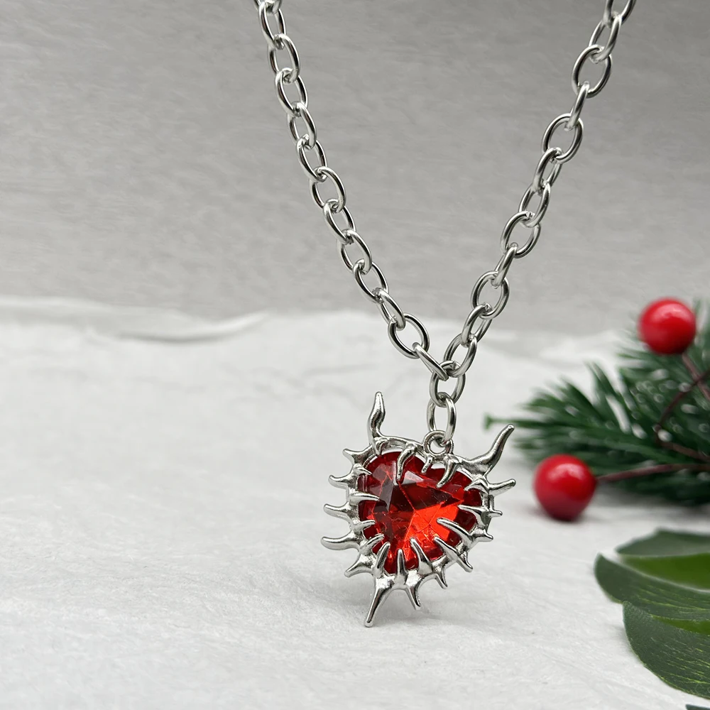 Y2K Gothic Spiky Red Glass Heart Pendant Necklace for Women Punk Grunge Liquid Metal Thorn Spiked Gift Her