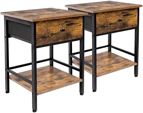 

Nightstands Set of 2, End Tables with Fabric Drawer and Storage Shelf, Industrial Side Tables Easy Assembly, for Living Bedroom