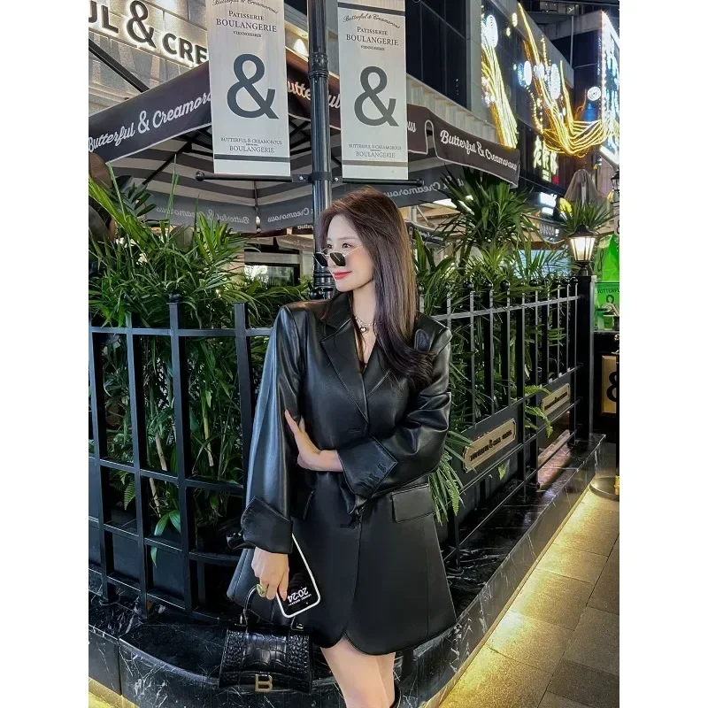 Черный женский пиджак из искусственной кожи весна-осень 202 новинка Senior Sense