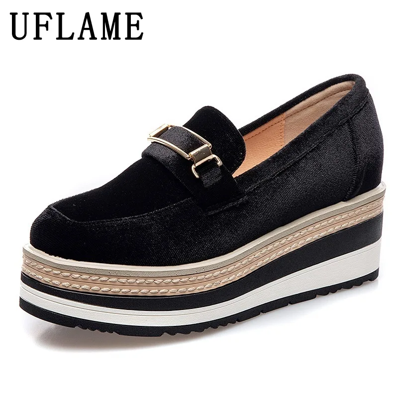 

Spring Autumn Luxury 7cm Platform Shoes Women Black Suede Leather Casual Shoes Slip-on Loafers Metal Decoration Fisherman Shoe