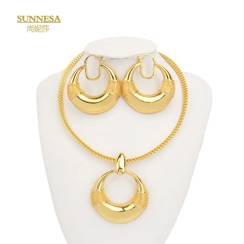 

SUNNESA Italian Golden Plated Jewelry Set for Women Fashion Lager Round Pendant Necklace Sets African Hoop Earrings for Party