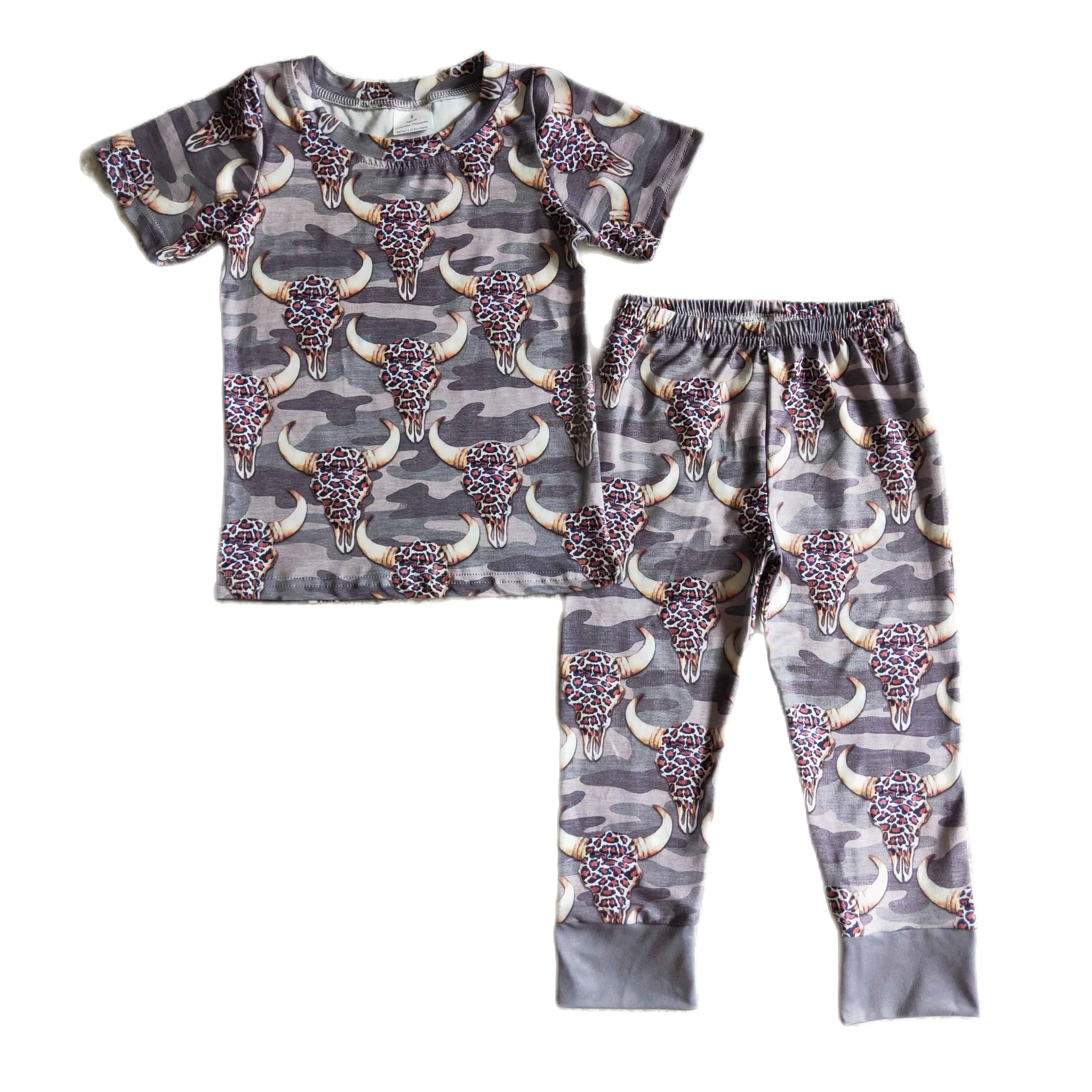 

BSSO0086 Baby Boy Clothes Leopard Print Bull Head Camo Summer Short Sleeve T-shirts Pants 2 Piece Set Children's Clothings
