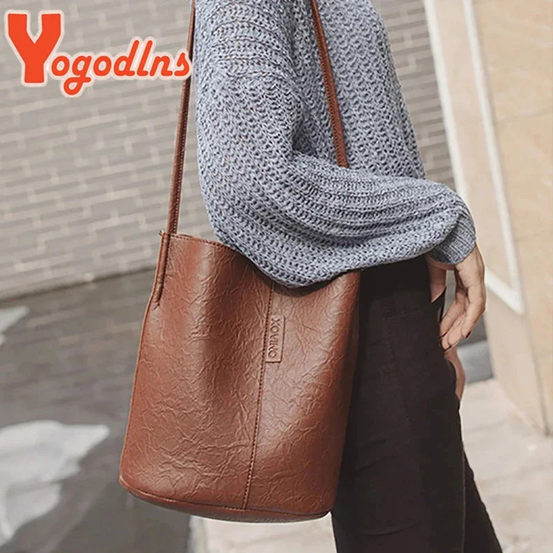 

Yogodl Vintage Shoulder Bag For Women PU Leather Bucket Bag Casual Handle Bag Large Capacity Brand Crossbody Bag Lady Handbag