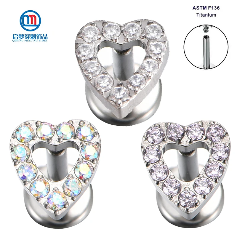 

ASTM F136 Titanium Prong Set Zircon Heart Top Internally Thread Labret Stud Body Piercing Jewelry